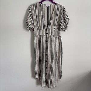 GILLI Womens Linen Blend Striped Midi Dress Size M Buttons Casual Neutral Summer